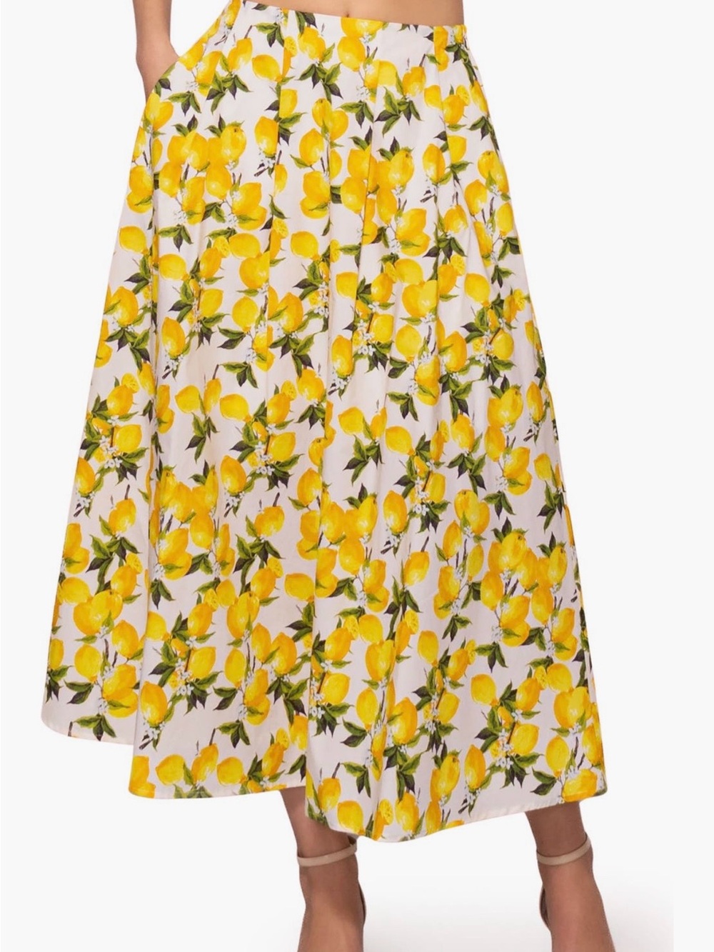 Melloday Yellow Lemon Print A-Line Midi Skirt, size small